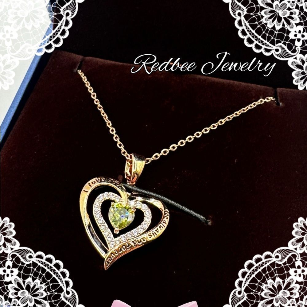 NIB Redbee 18kt GP, Rose gold over s925, Green CZ in heart‎ necklace!